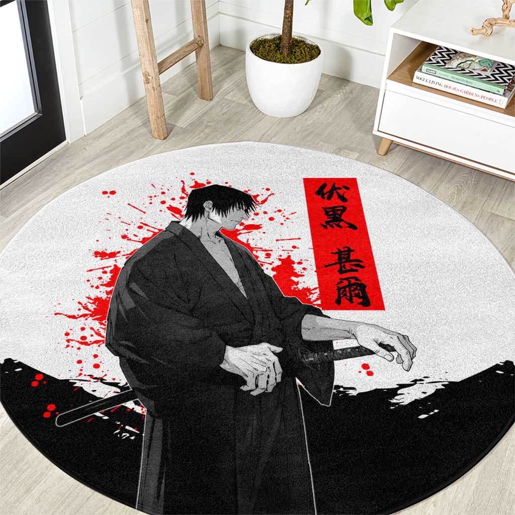 Toji Fushiguro Jujutsu Kaisen Samurai Theme Round Carpet with Katana, Red Kanji and Oni Mask Artwork - The Mazicc