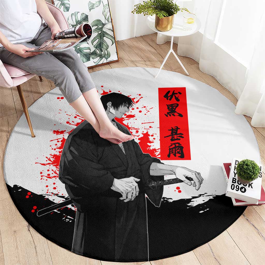 Toji Fushiguro Jujutsu Kaisen Samurai Theme Round Carpet with Katana, Red Kanji and Oni Mask Artwork - The Mazicc