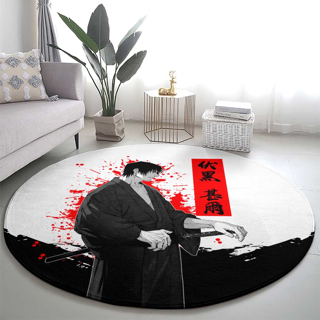 Toji Fushiguro Jujutsu Kaisen Samurai Theme Round Carpet with Katana, Red Kanji and Oni Mask Artwork - The Mazicc