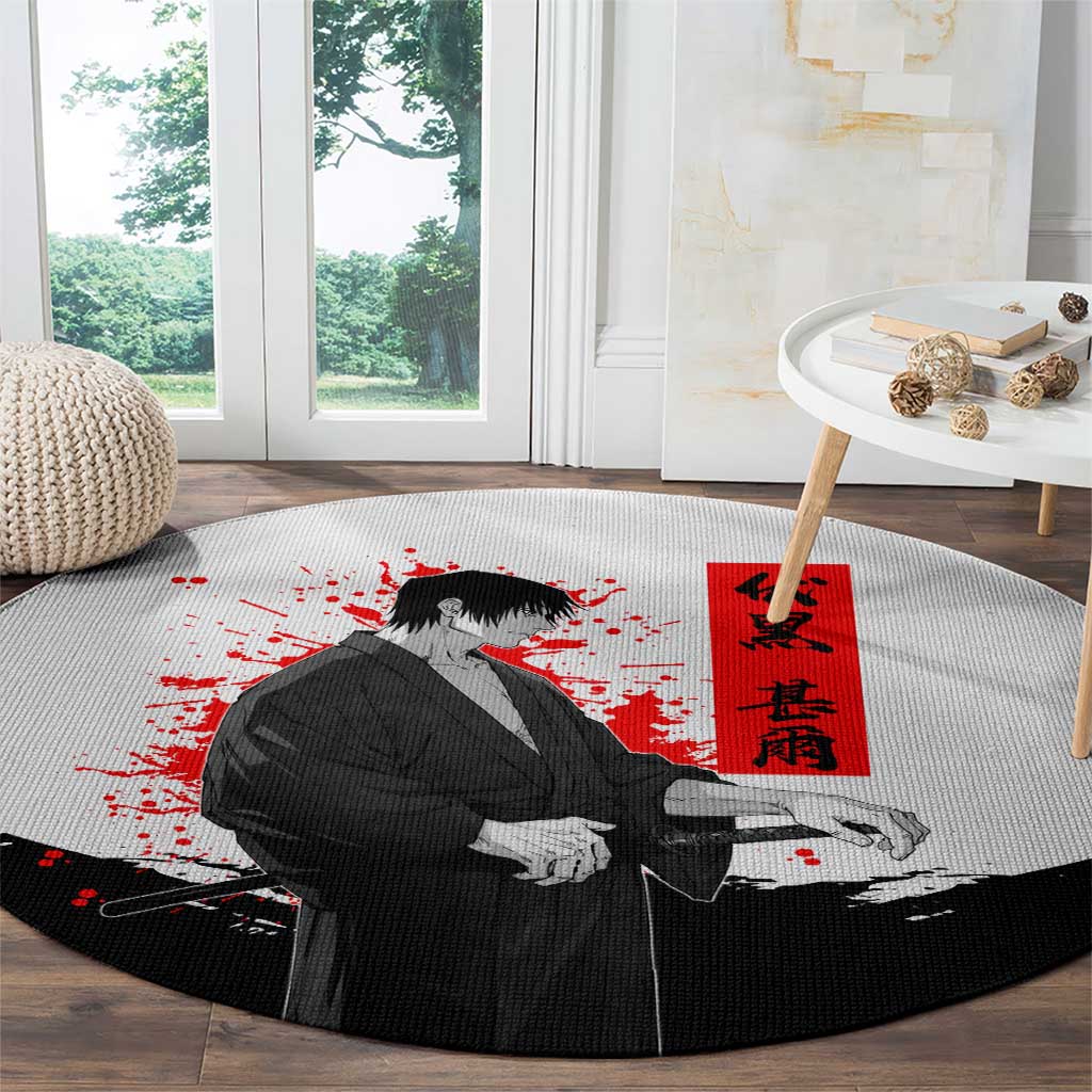 Toji Fushiguro Jujutsu Kaisen Samurai Theme Round Carpet with Katana, Red Kanji and Oni Mask Artwork - The Mazicc