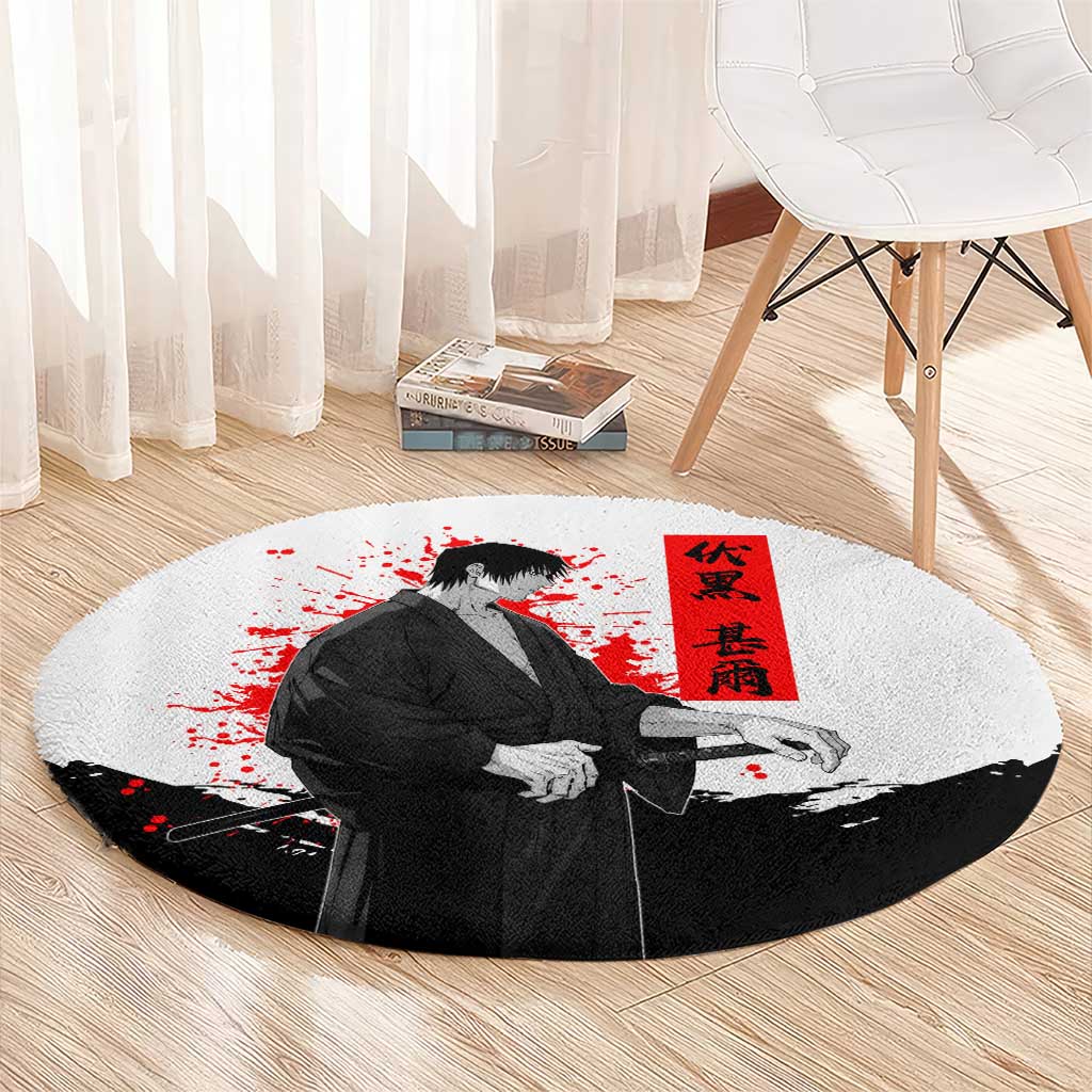 Toji Fushiguro Jujutsu Kaisen Samurai Theme Round Carpet with Katana, Red Kanji and Oni Mask Artwork - The Mazicc