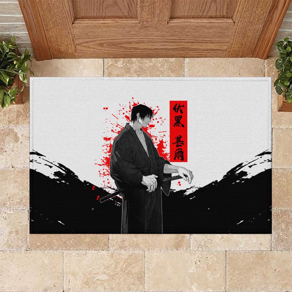 Toji Fushiguro Jujutsu Kaisen Samurai Theme Rubber Doormat with Katana, Red Kanji and Oni Mask Artwork - The Mazicc