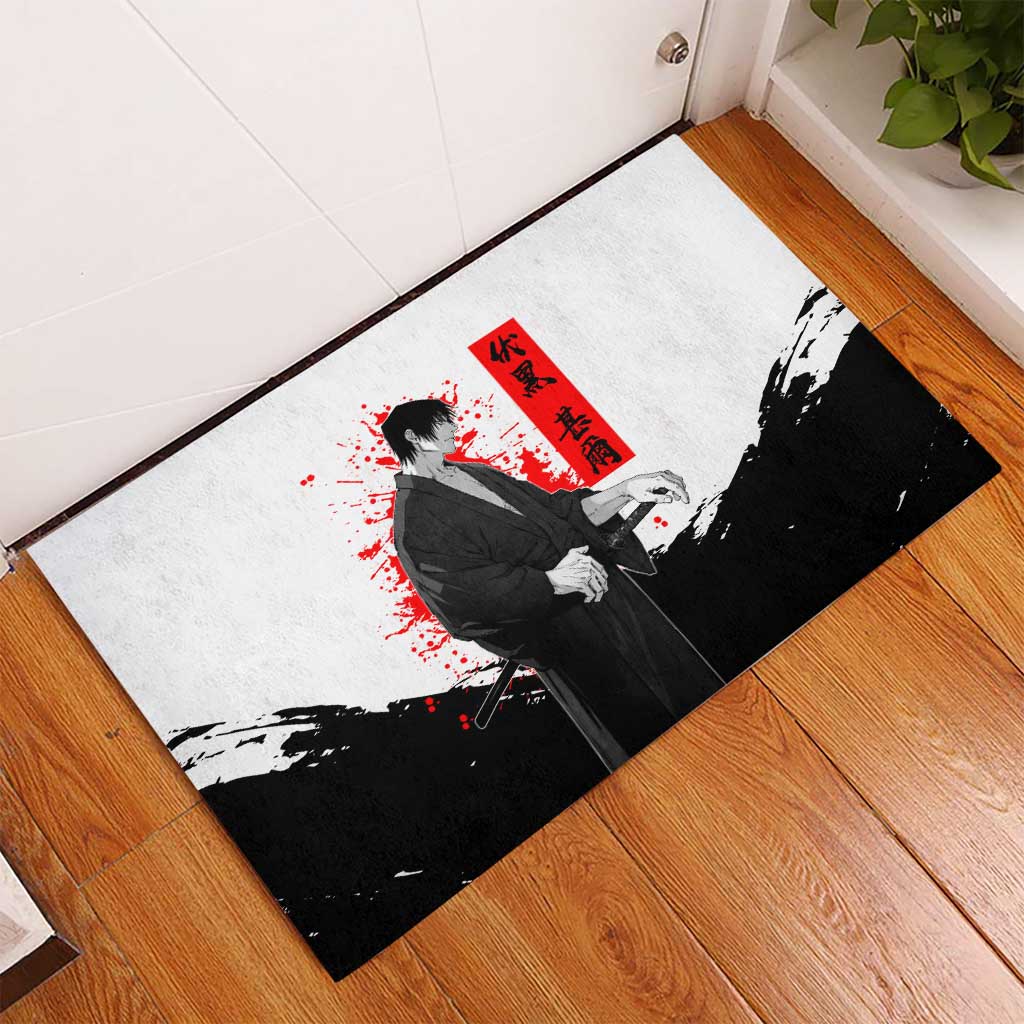 Toji Fushiguro Jujutsu Kaisen Samurai Theme Rubber Doormat with Katana, Red Kanji and Oni Mask Artwork - The Mazicc
