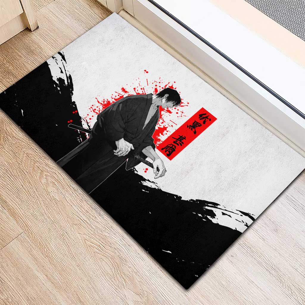 Toji Fushiguro Jujutsu Kaisen Samurai Theme Rubber Doormat with Katana, Red Kanji and Oni Mask Artwork - The Mazicc