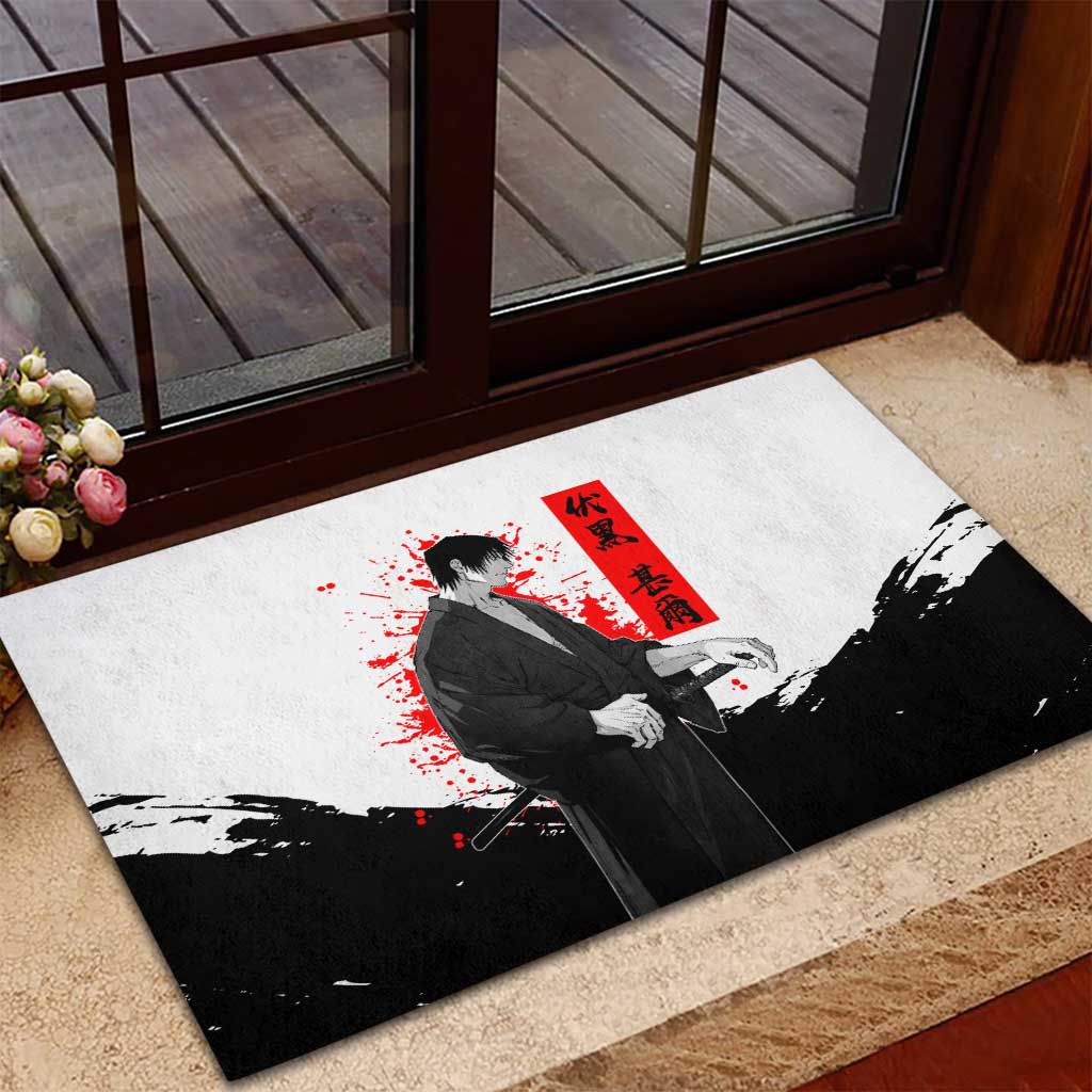 Toji Fushiguro Jujutsu Kaisen Samurai Theme Rubber Doormat with Katana, Red Kanji and Oni Mask Artwork - The Mazicc