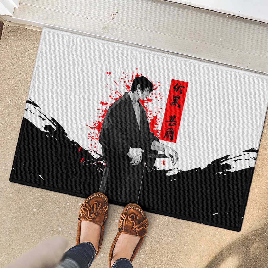 Toji Fushiguro Jujutsu Kaisen Samurai Theme Rubber Doormat with Katana, Red Kanji and Oni Mask Artwork - The Mazicc