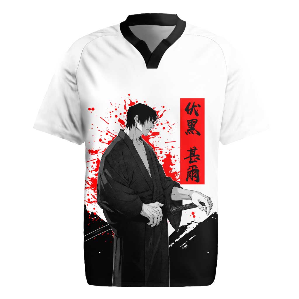 Toji Fushiguro Jujutsu Kaisen Samurai Theme Rugby Jersey with Katana, Red Kanji and Oni Mask Artwork - The Mazicc