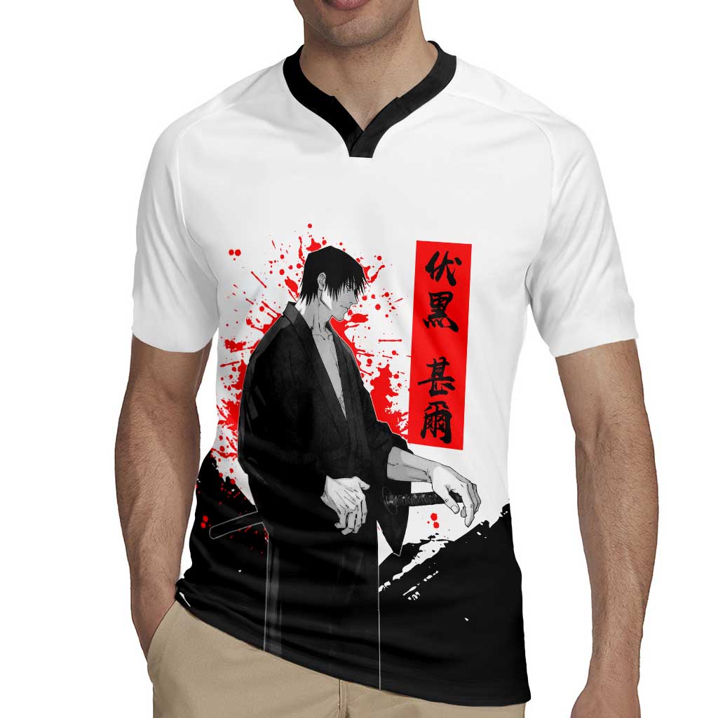 Toji Fushiguro Jujutsu Kaisen Samurai Theme Rugby Jersey with Katana, Red Kanji and Oni Mask Artwork - The Mazicc