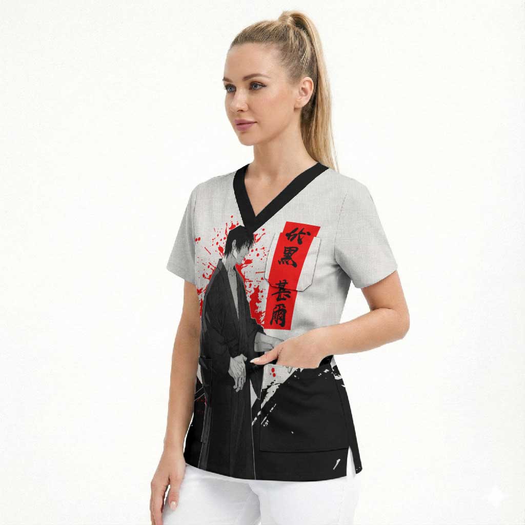 Toji Fushiguro Jujutsu Kaisen Samurai Theme Scrub Top with Katana, Red Kanji and Oni Mask Artwork - The Mazicc