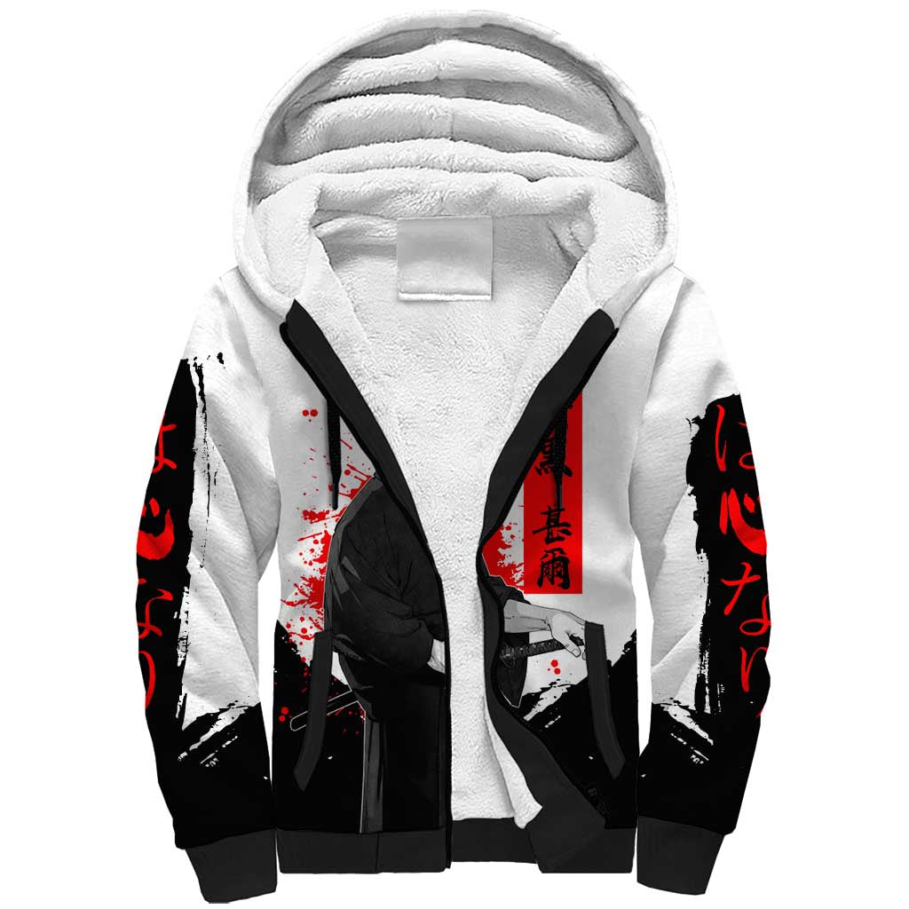Toji Fushiguro Jujutsu Kaisen Samurai Theme Sherpa Hoodie with Katana, Red Kanji and Oni Mask Artwork - The Mazicc