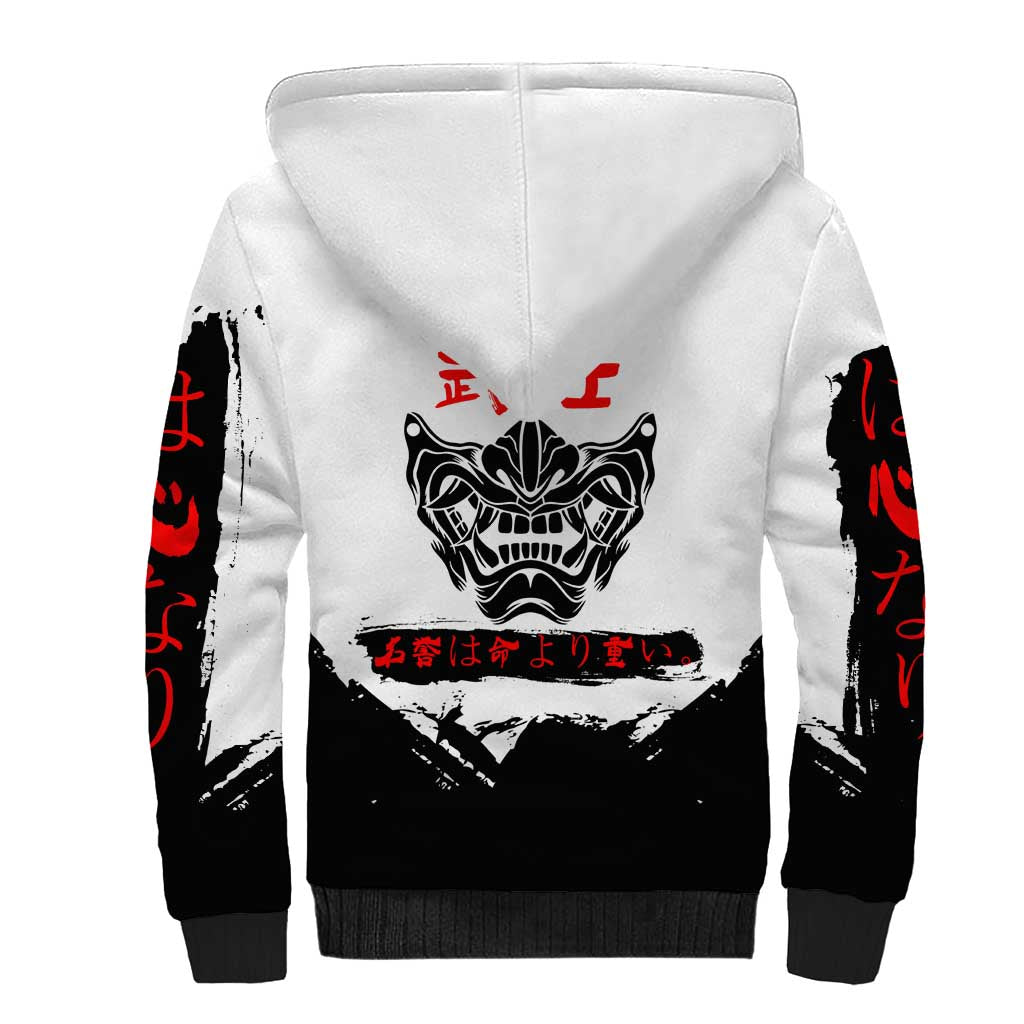 Toji Fushiguro Jujutsu Kaisen Samurai Theme Sherpa Hoodie with Katana, Red Kanji and Oni Mask Artwork - The Mazicc