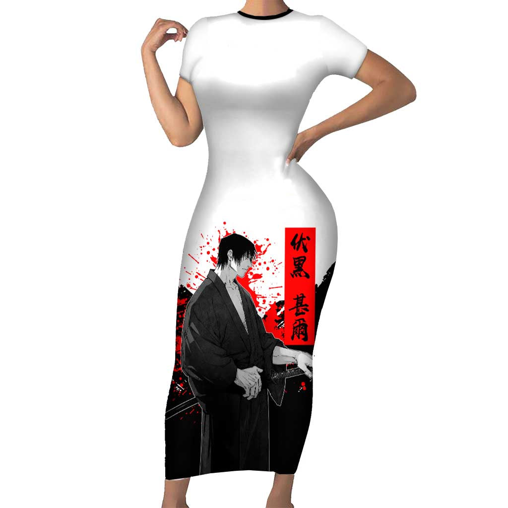 Toji Fushiguro Jujutsu Kaisen Samurai Theme Short Sleeve Bodycon Dress with Katana, Red Kanji and Oni Mask Artwork - The Mazicc