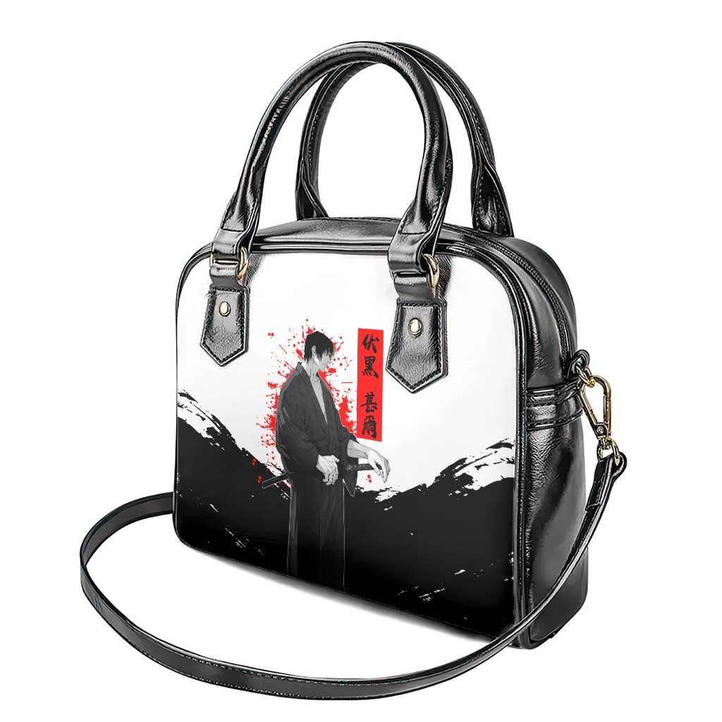 Toji Fushiguro Jujutsu Kaisen Samurai Theme Shoulder Handbag with Katana, Red Kanji and Oni Mask Artwork - The Mazicc