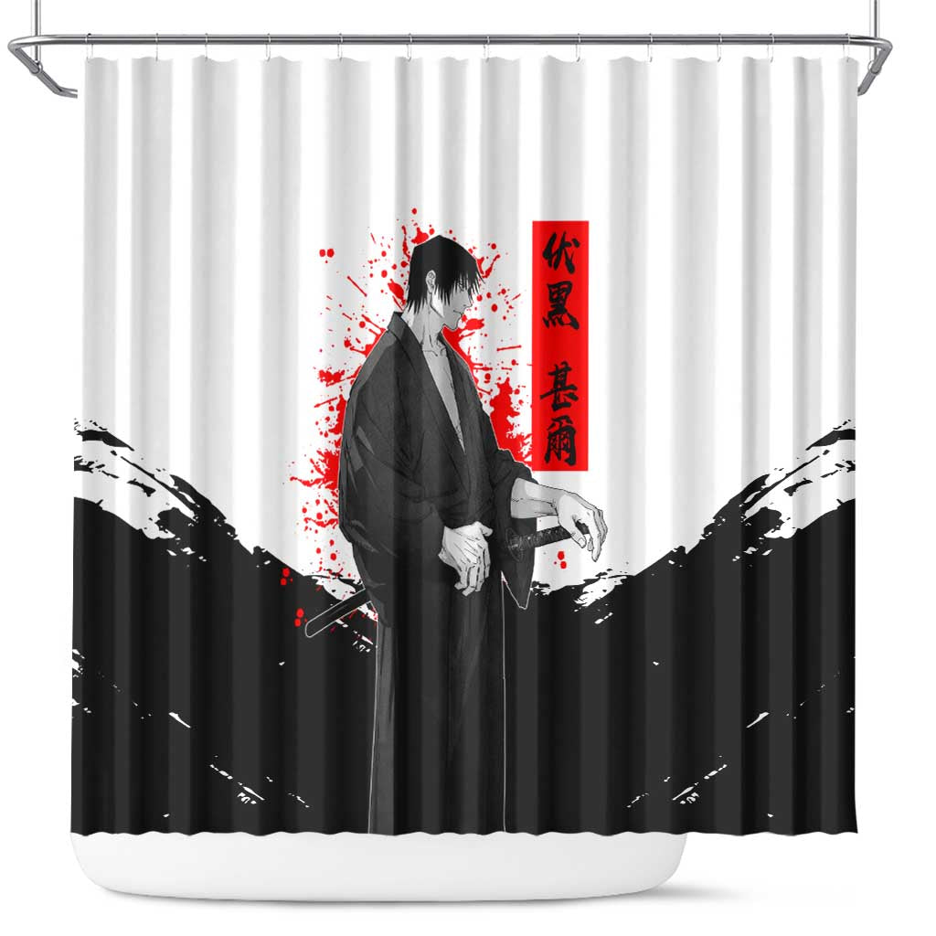 Toji Fushiguro Jujutsu Kaisen Samurai Theme Shower Curtain with Katana, Red Kanji and Oni Mask Artwork - The Mazicc