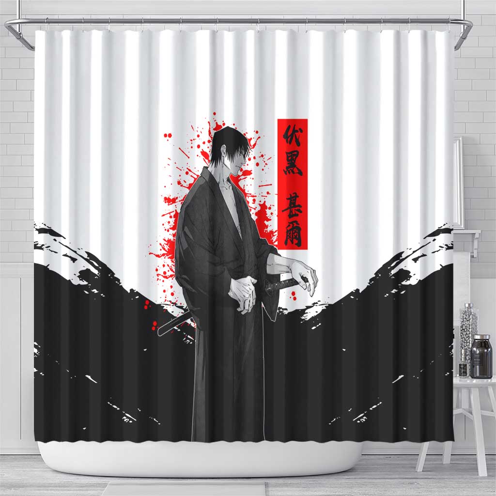Toji Fushiguro Jujutsu Kaisen Samurai Theme Shower Curtain with Katana, Red Kanji and Oni Mask Artwork - The Mazicc