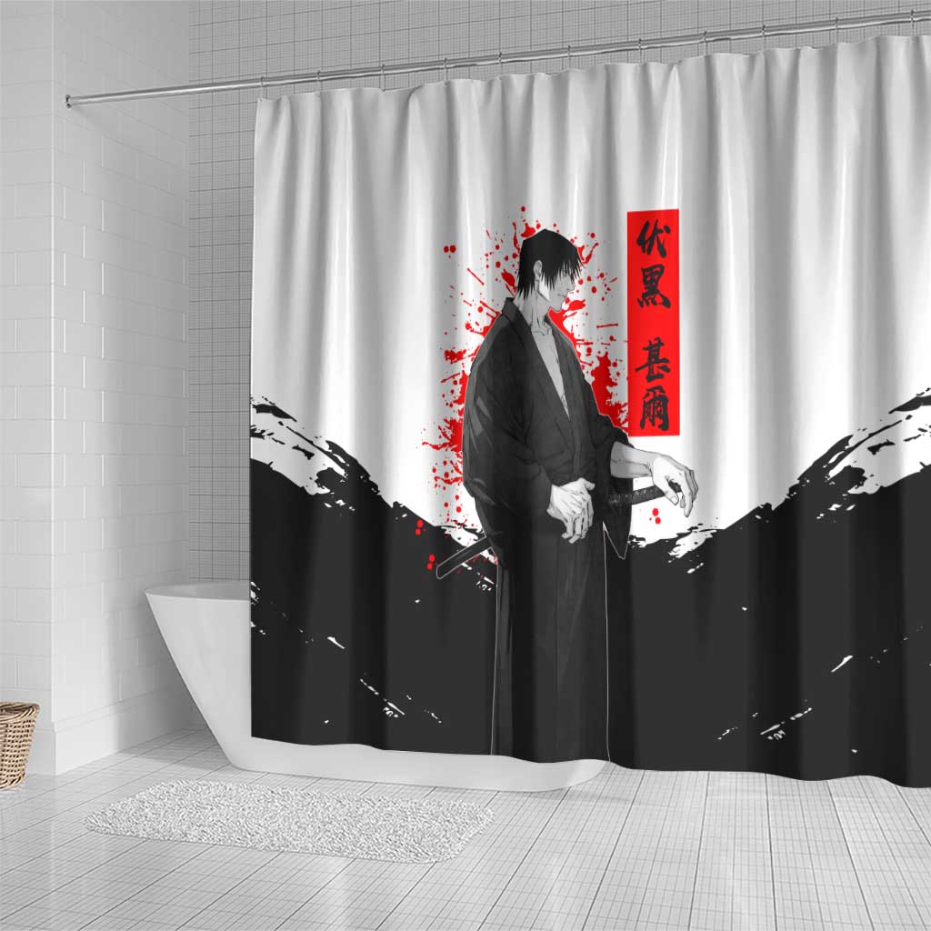 Toji Fushiguro Jujutsu Kaisen Samurai Theme Shower Curtain with Katana, Red Kanji and Oni Mask Artwork - The Mazicc
