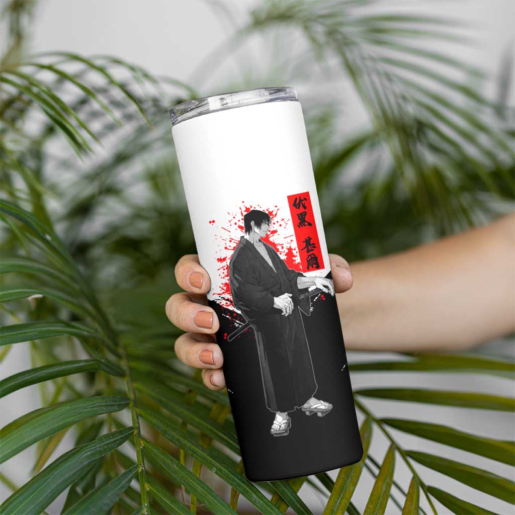 Toji Fushiguro Jujutsu Kaisen Samurai Theme Skinny Tumbler with Katana, Red Kanji and Oni Mask Artwork - The Mazicc