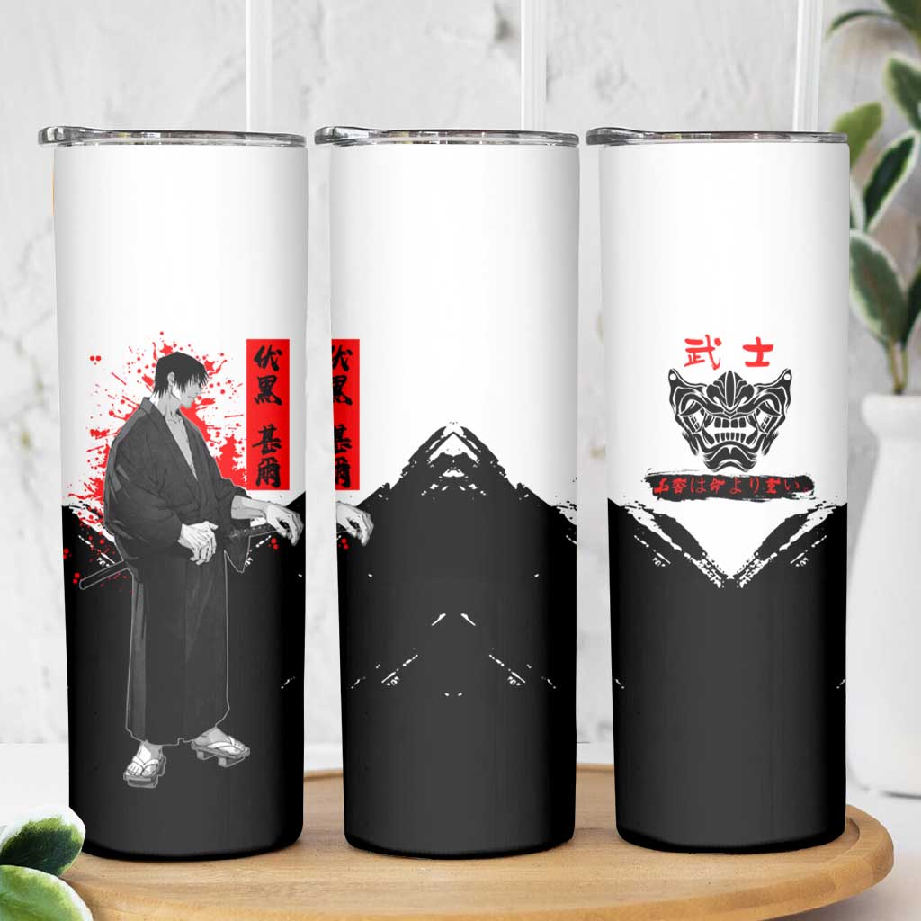 Toji Fushiguro Jujutsu Kaisen Samurai Theme Skinny Tumbler with Katana, Red Kanji and Oni Mask Artwork - The Mazicc