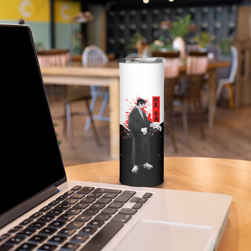 Toji Fushiguro Jujutsu Kaisen Samurai Theme Skinny Tumbler with Katana, Red Kanji and Oni Mask Artwork - The Mazicc
