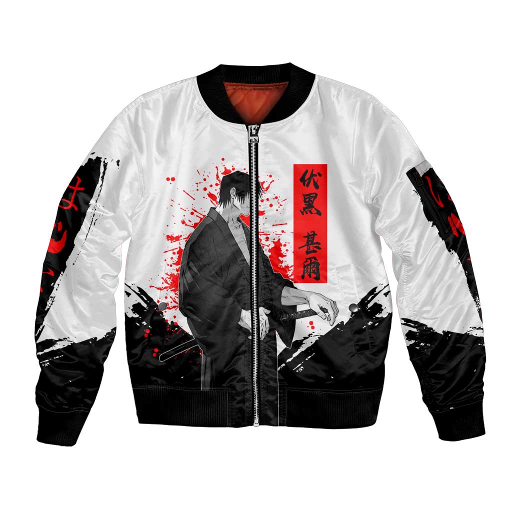 Toji Fushiguro Jujutsu Kaisen Samurai Theme Sleeve Zip Bomber Jacket with Katana, Red Kanji and Oni Mask Artwork - The Mazicc