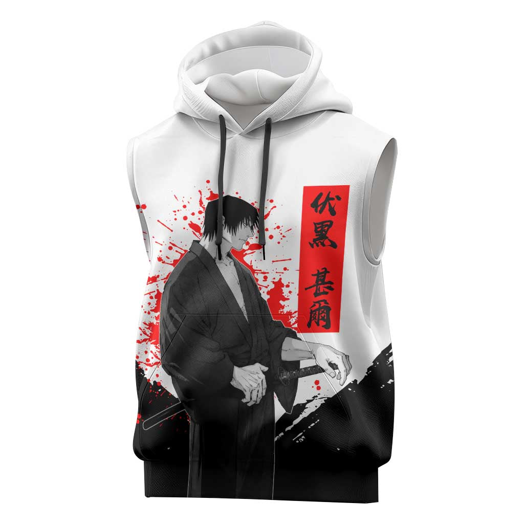 Toji Fushiguro Jujutsu Kaisen Samurai Theme Sleeveless Hoodie with Katana, Red Kanji and Oni Mask Artwork - The Mazicc