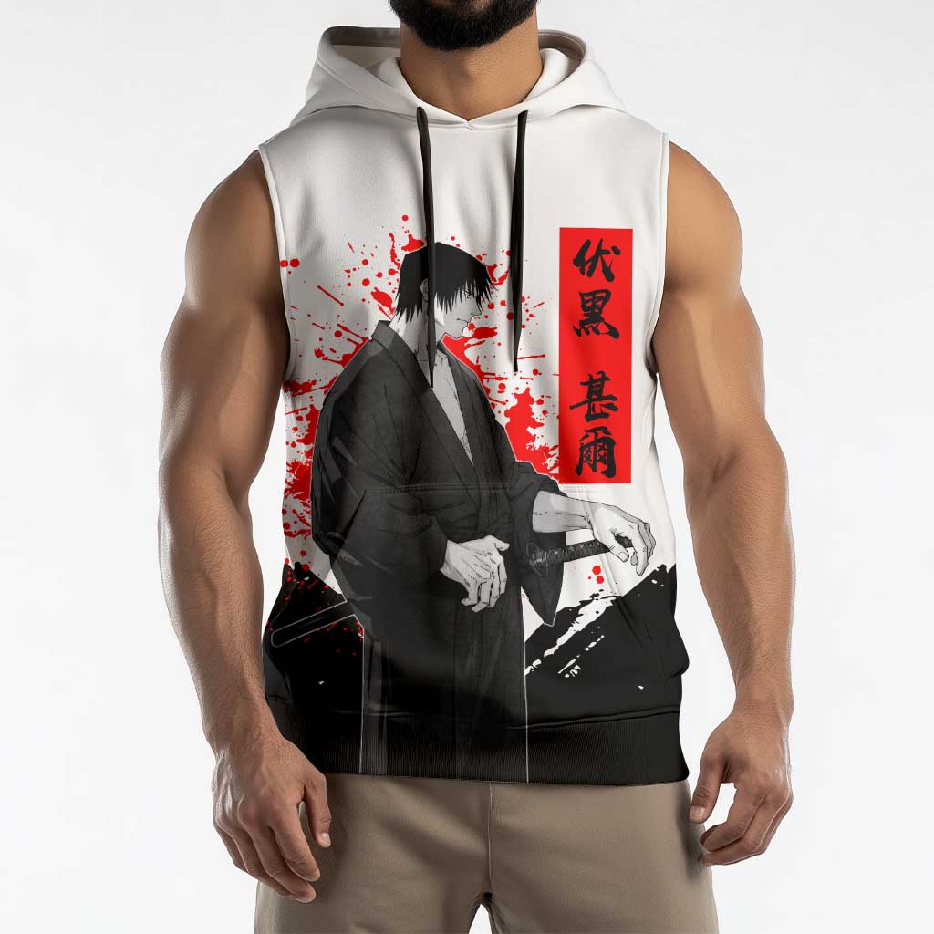 Toji Fushiguro Jujutsu Kaisen Samurai Theme Sleeveless Hoodie with Katana, Red Kanji and Oni Mask Artwork - The Mazicc