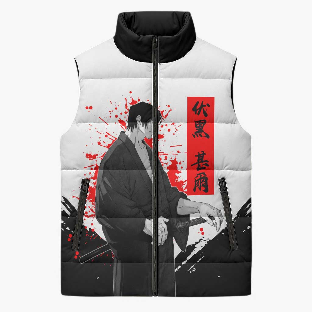 Toji Fushiguro Jujutsu Kaisen Samurai Theme Sleeveless Puffer Jacket with Katana, Red Kanji and Oni Mask Artwork - The Mazicc
