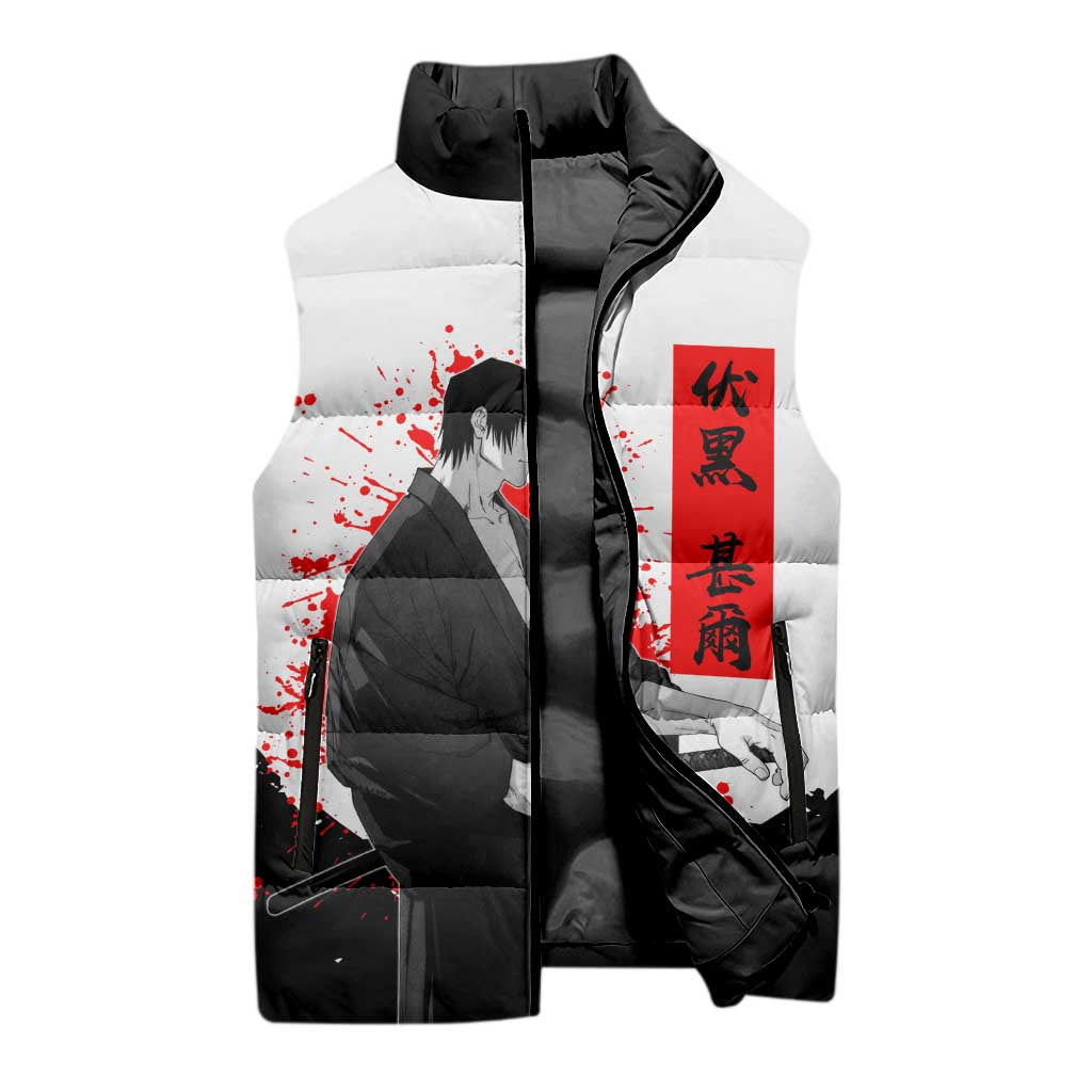 Toji Fushiguro Jujutsu Kaisen Samurai Theme Sleeveless Puffer Jacket with Katana, Red Kanji and Oni Mask Artwork - The Mazicc
