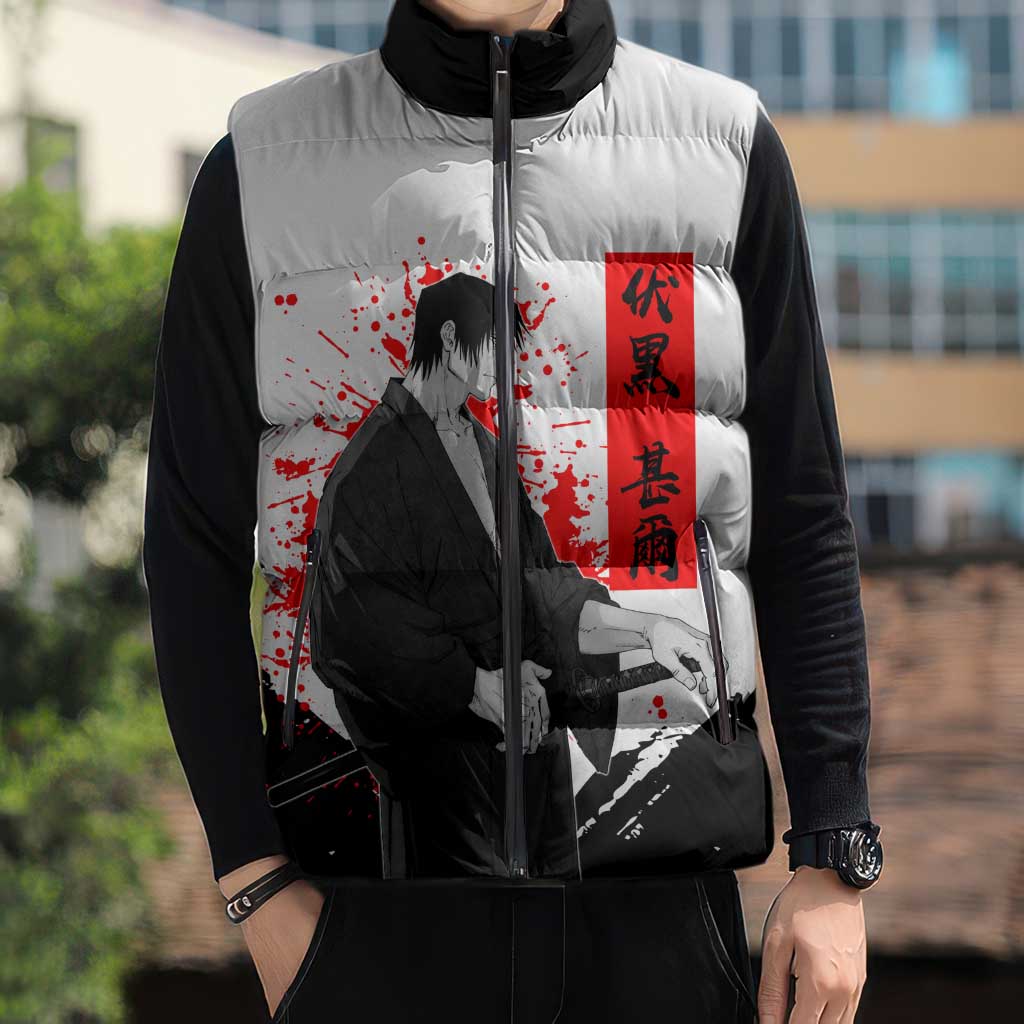 Toji Fushiguro Jujutsu Kaisen Samurai Theme Sleeveless Puffer Jacket with Katana, Red Kanji and Oni Mask Artwork - The Mazicc