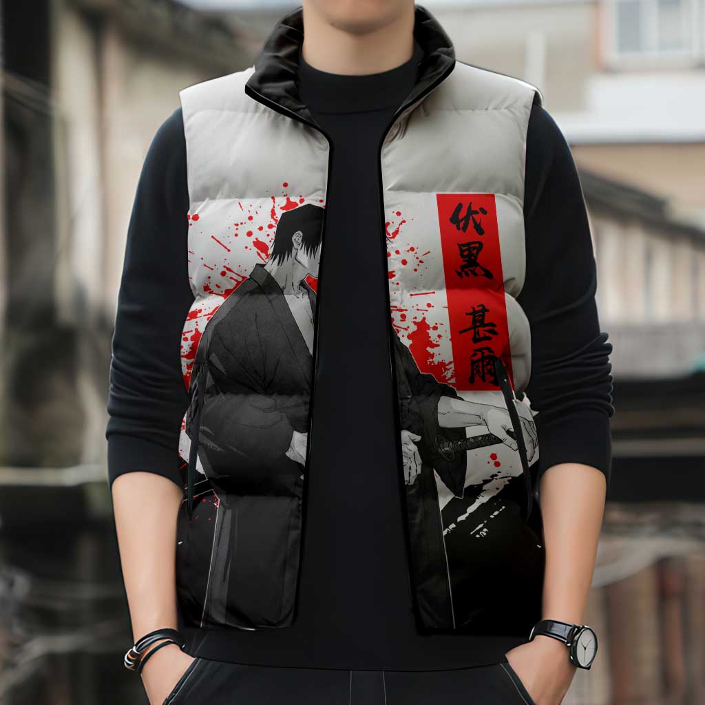 Toji Fushiguro Jujutsu Kaisen Samurai Theme Sleeveless Puffer Jacket with Katana, Red Kanji and Oni Mask Artwork - The Mazicc