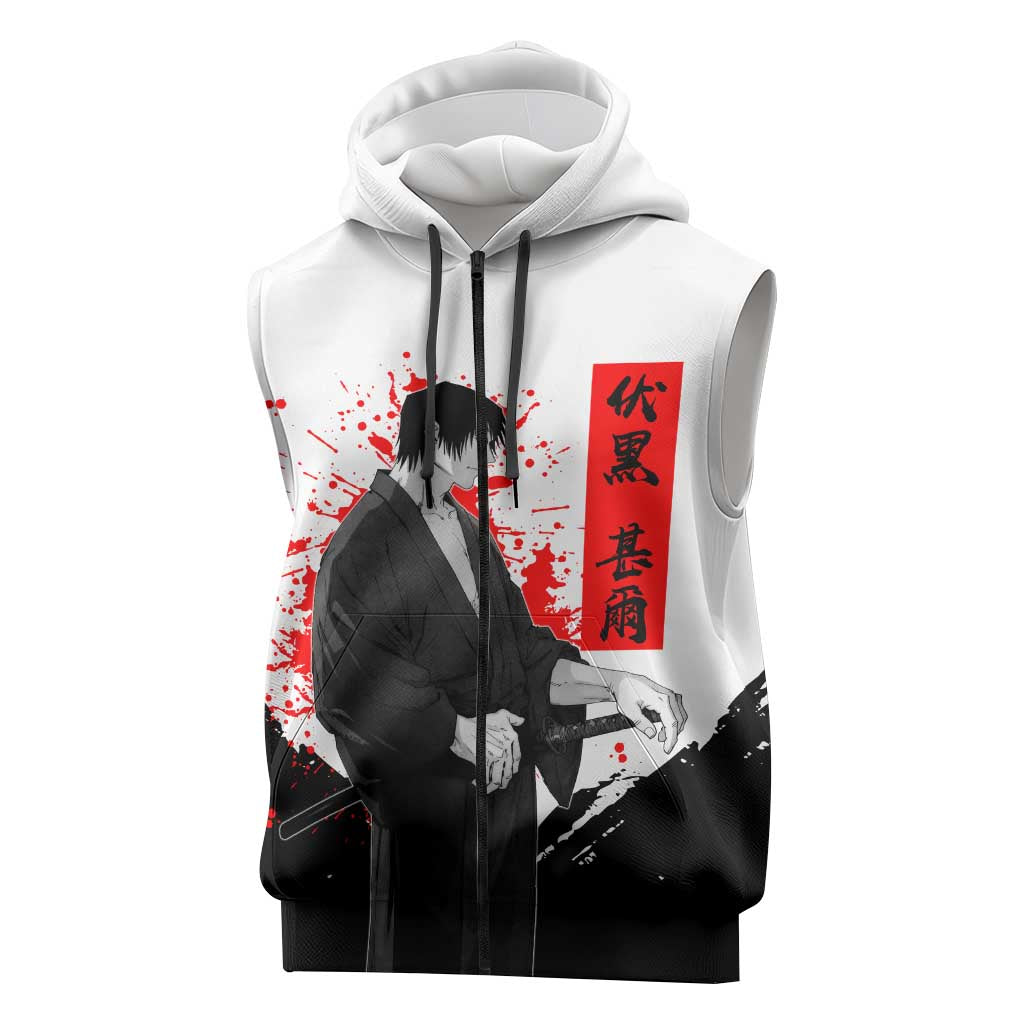 Toji Fushiguro Jujutsu Kaisen Samurai Theme Sleeveless Zip Hoodie with Katana, Red Kanji and Oni Mask Artwork - The Mazicc