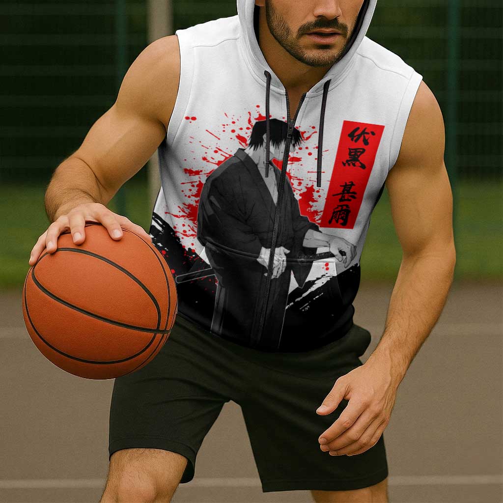 Toji Fushiguro Jujutsu Kaisen Samurai Theme Sleeveless Zip Hoodie with Katana, Red Kanji and Oni Mask Artwork - The Mazicc