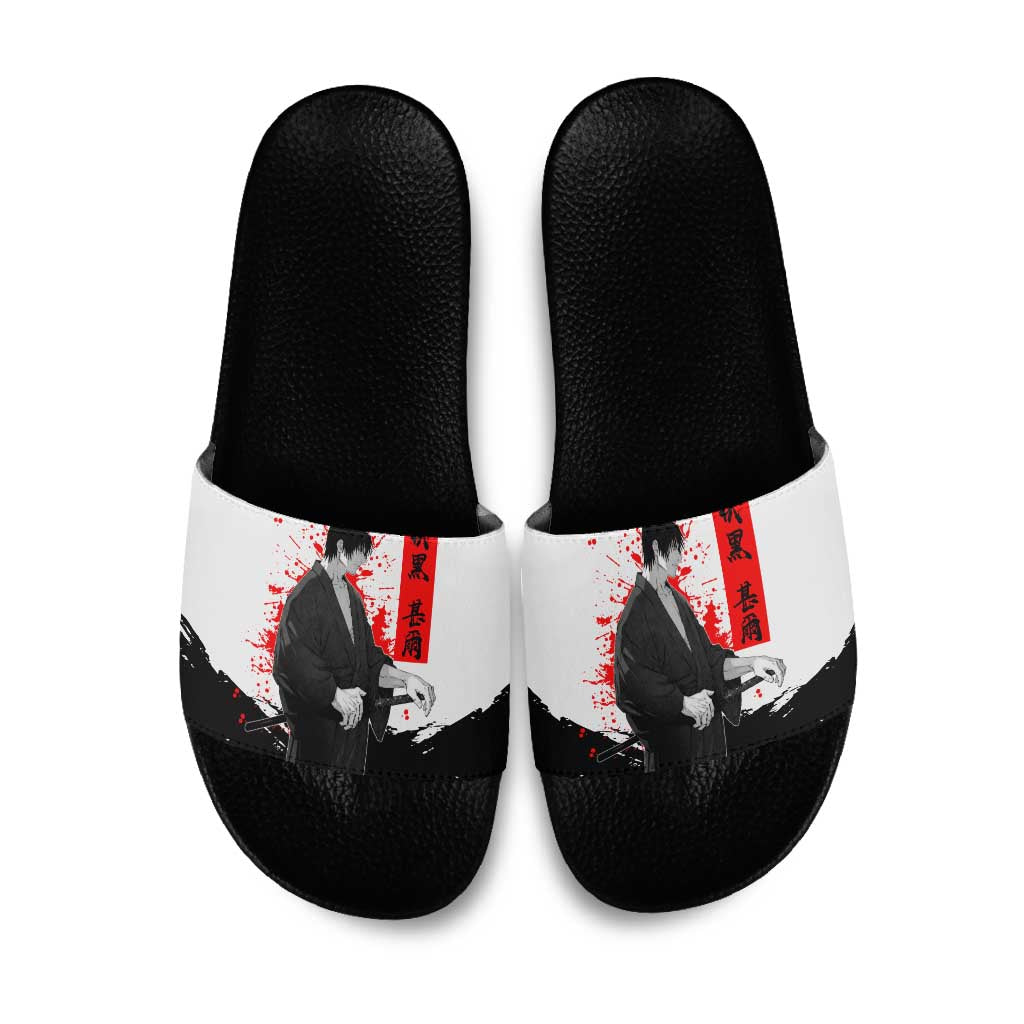 Toji Fushiguro Jujutsu Kaisen Samurai Theme Slide Sandals with Katana, Red Kanji and Oni Mask Artwork - The Mazicc