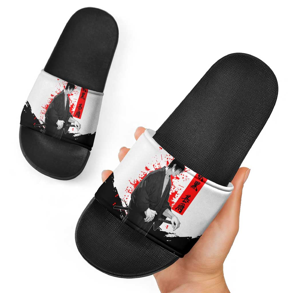 Toji Fushiguro Jujutsu Kaisen Samurai Theme Slide Sandals with Katana, Red Kanji and Oni Mask Artwork - The Mazicc