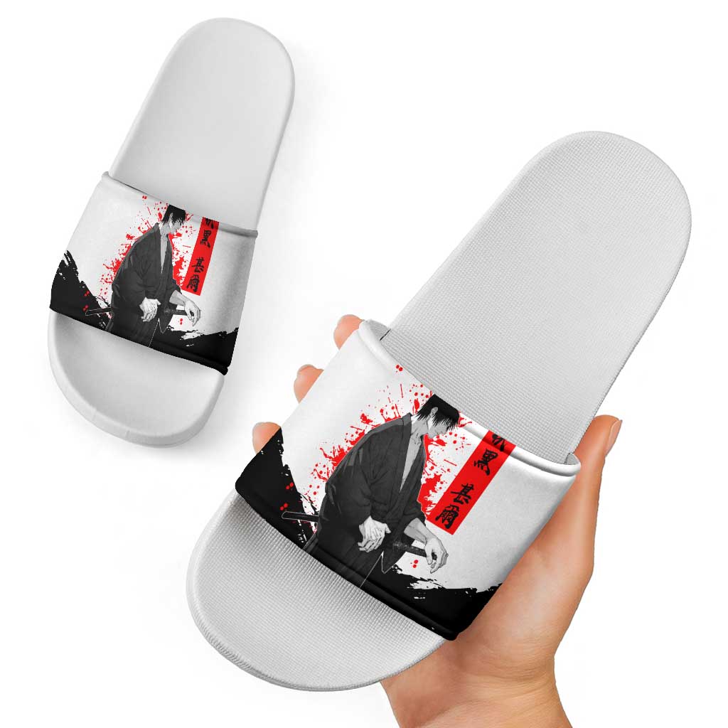 Toji Fushiguro Jujutsu Kaisen Samurai Theme Slide Sandals with Katana, Red Kanji and Oni Mask Artwork - The Mazicc