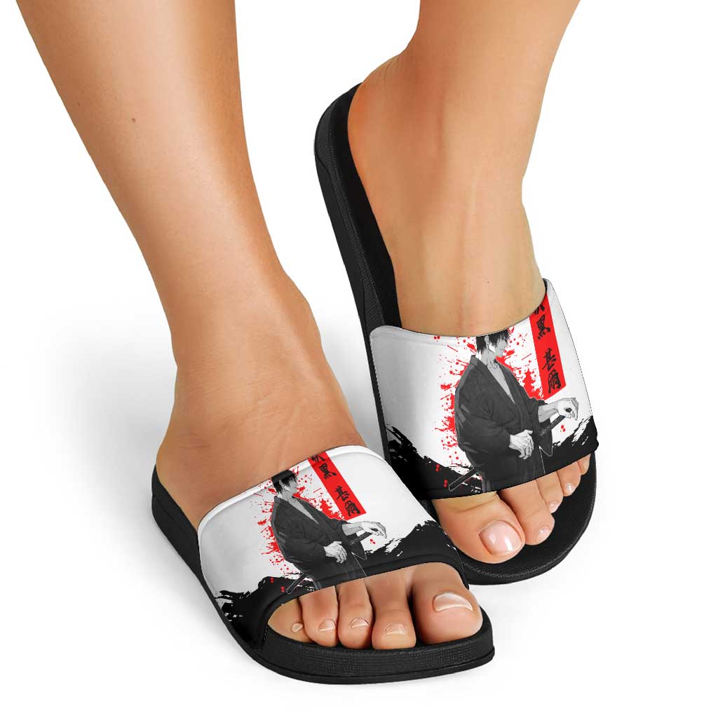 Toji Fushiguro Jujutsu Kaisen Samurai Theme Slide Sandals with Katana, Red Kanji and Oni Mask Artwork - The Mazicc