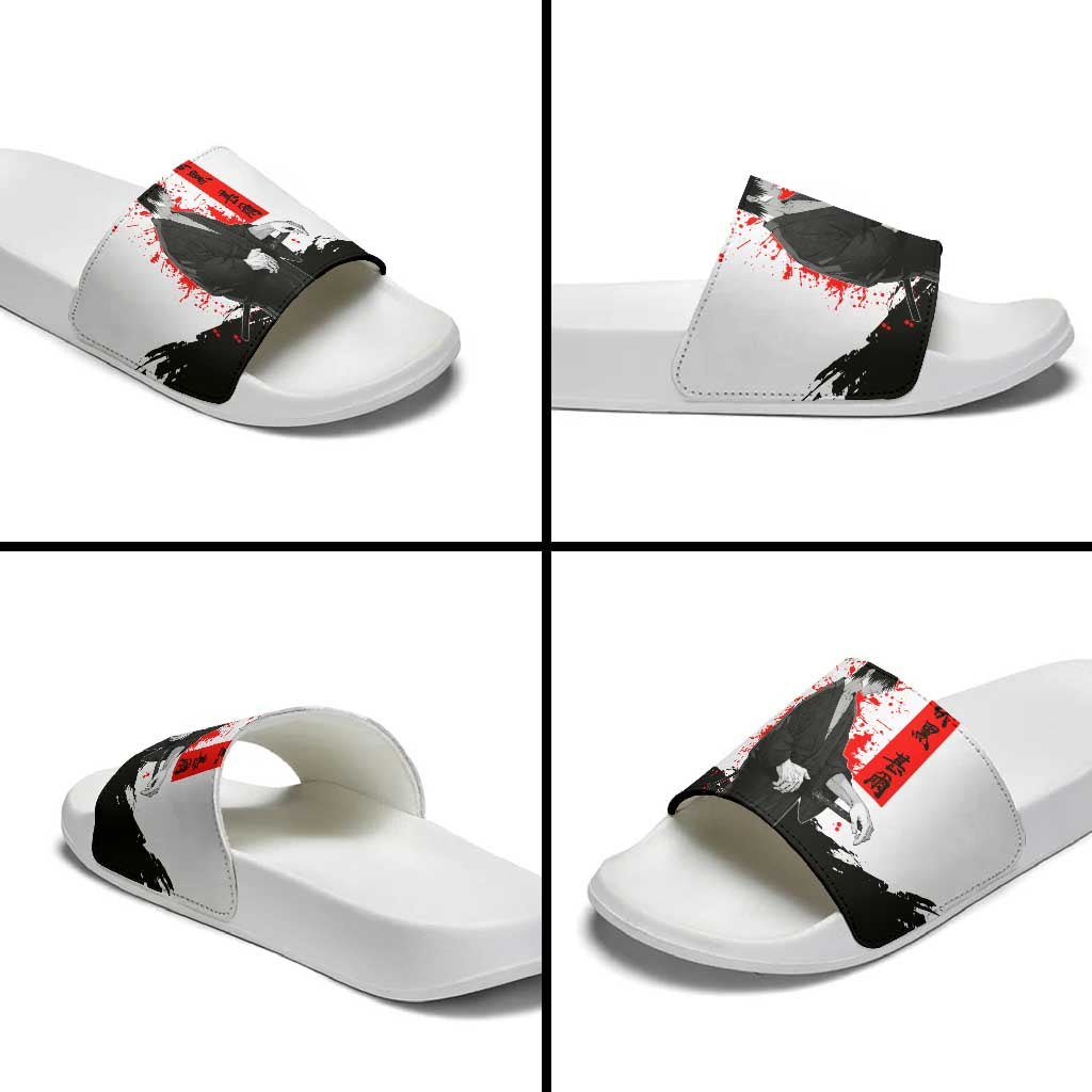 Toji Fushiguro Jujutsu Kaisen Samurai Theme Slide Sandals with Katana, Red Kanji and Oni Mask Artwork - The Mazicc