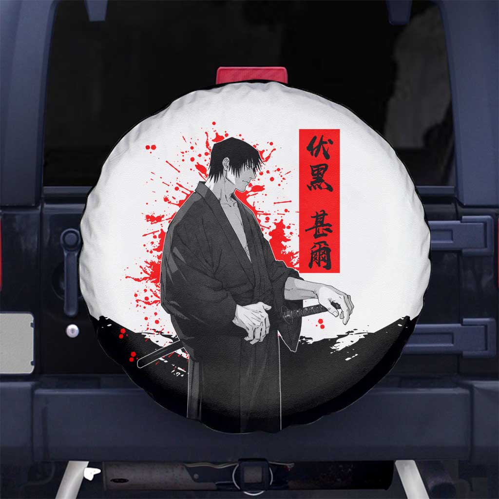 Toji Fushiguro Jujutsu Kaisen Samurai Theme Spare Tire Cover with Katana, Red Kanji and Oni Mask Artwork - The Mazicc