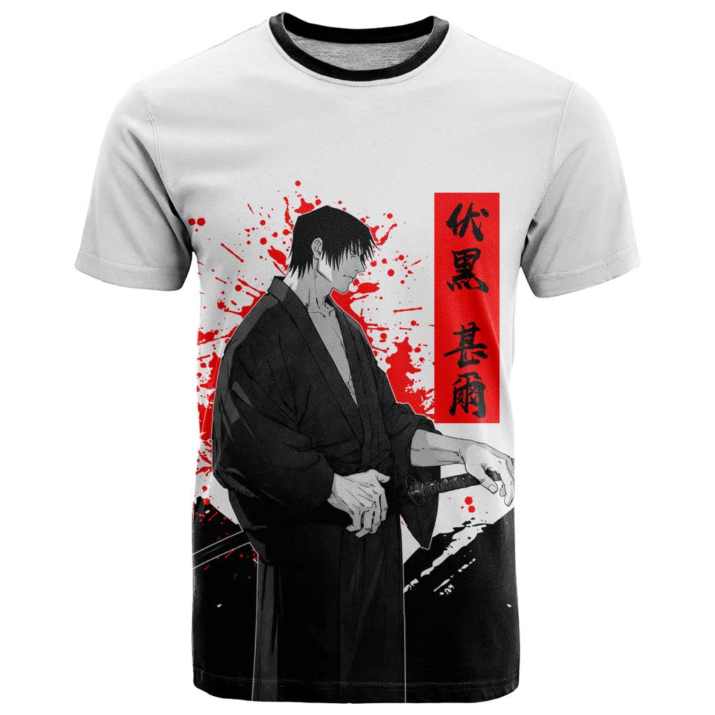 Toji Fushiguro Jujutsu Kaisen Samurai Theme T Shirt with Katana, Red Kanji and Oni Mask Artwork - The Mazicc