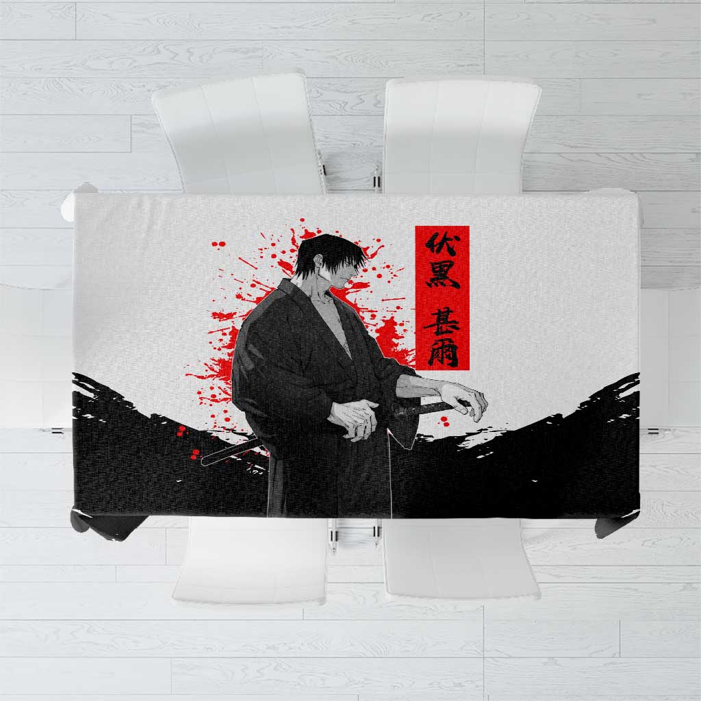 Toji Fushiguro Jujutsu Kaisen Samurai Theme Tablecloth with Katana, Red Kanji and Oni Mask Artwork - The Mazicc
