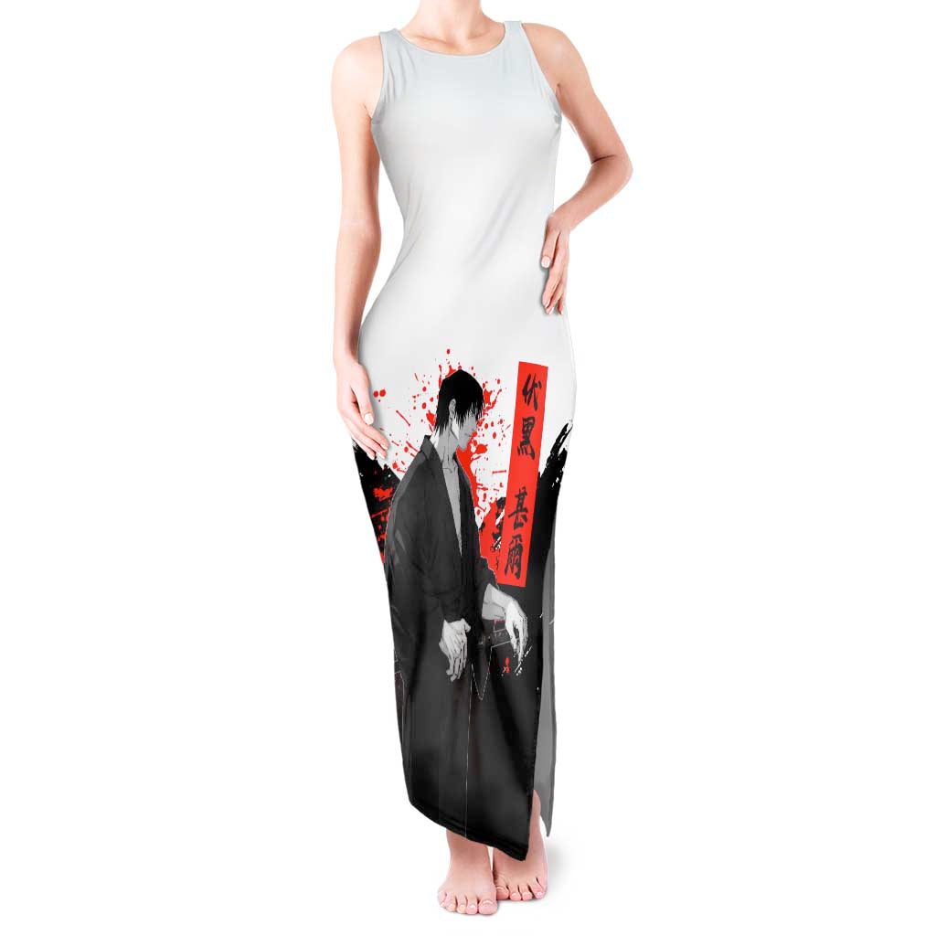 Toji Fushiguro Jujutsu Kaisen Samurai Theme Tank Maxi Dress with Katana, Red Kanji and Oni Mask Artwork - The Mazicc