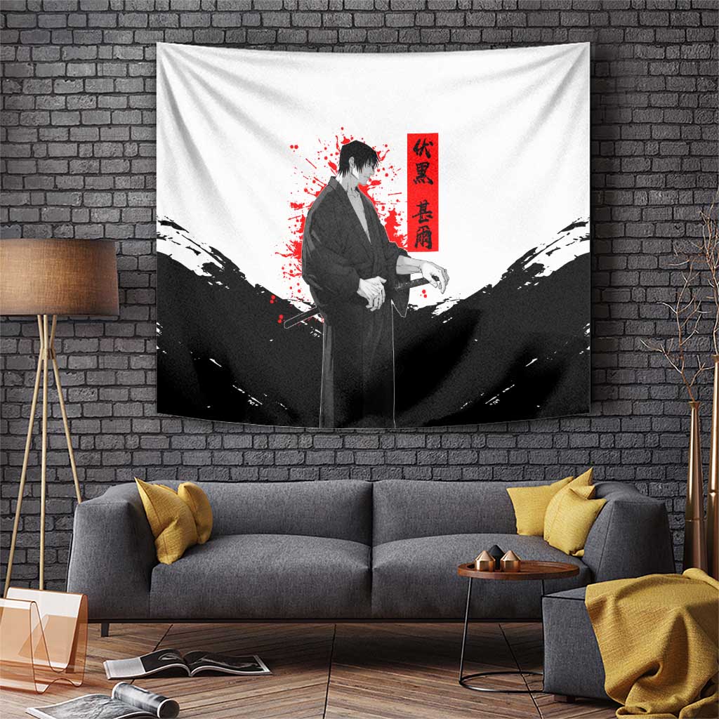 Toji Fushiguro Jujutsu Kaisen Samurai Theme Tapestry with Katana, Red Kanji and Oni Mask Artwork - The Mazicc