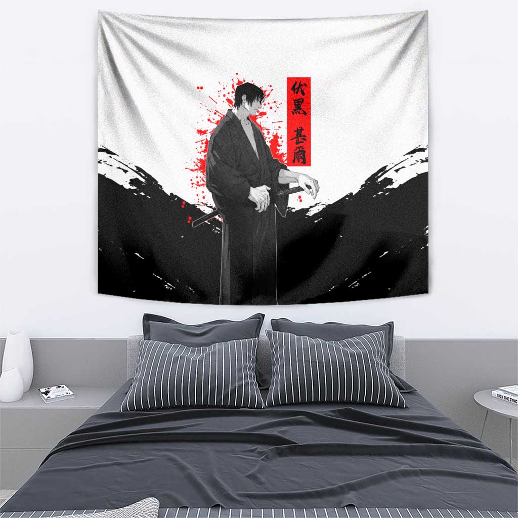 Toji Fushiguro Jujutsu Kaisen Samurai Theme Tapestry with Katana, Red Kanji and Oni Mask Artwork - The Mazicc