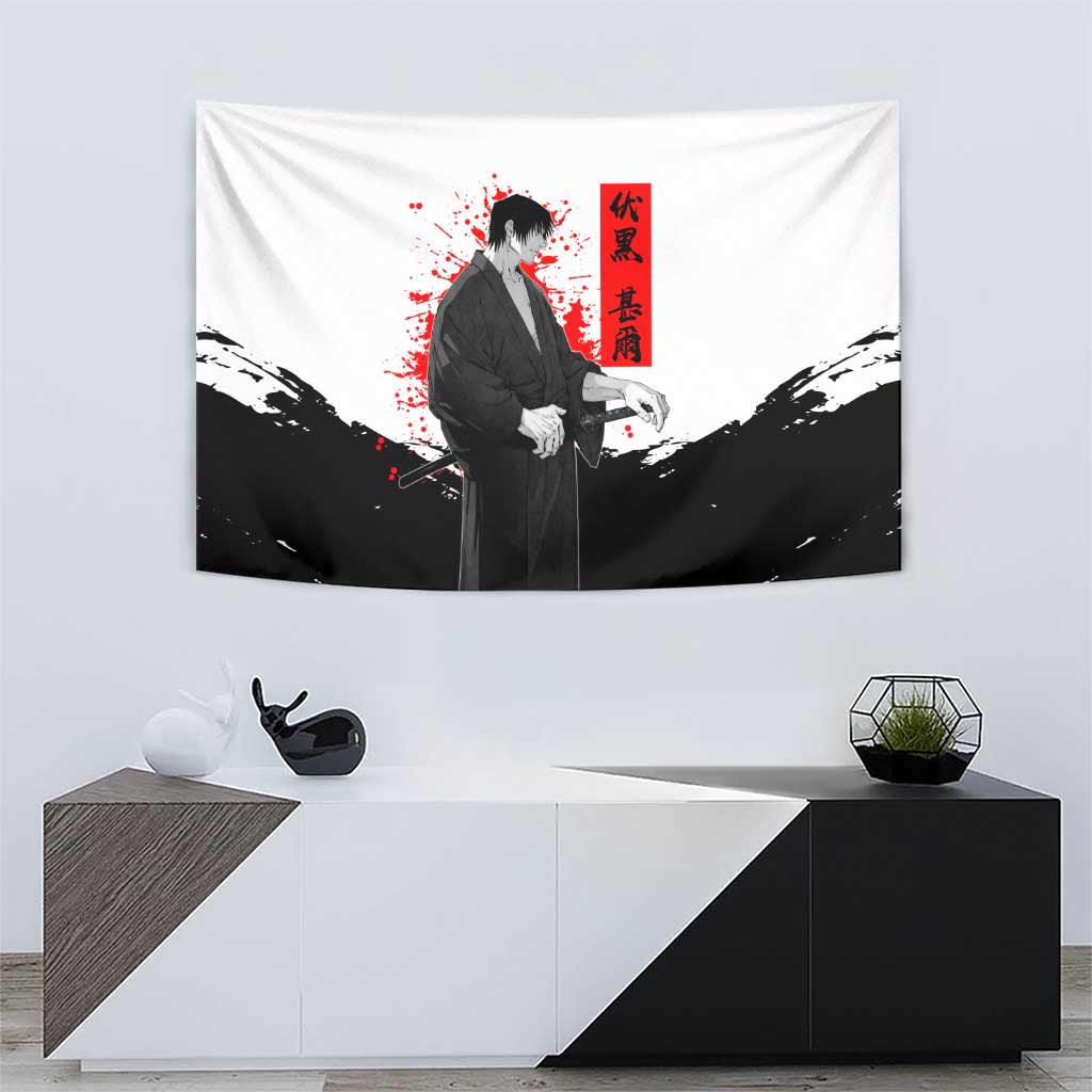Toji Fushiguro Jujutsu Kaisen Samurai Theme Tapestry with Katana, Red Kanji and Oni Mask Artwork - The Mazicc