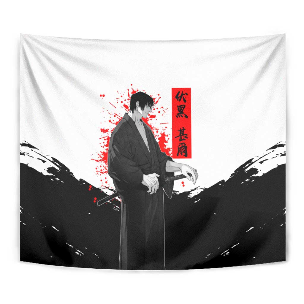 Toji Fushiguro Jujutsu Kaisen Samurai Theme Tapestry with Katana, Red Kanji and Oni Mask Artwork - The Mazicc