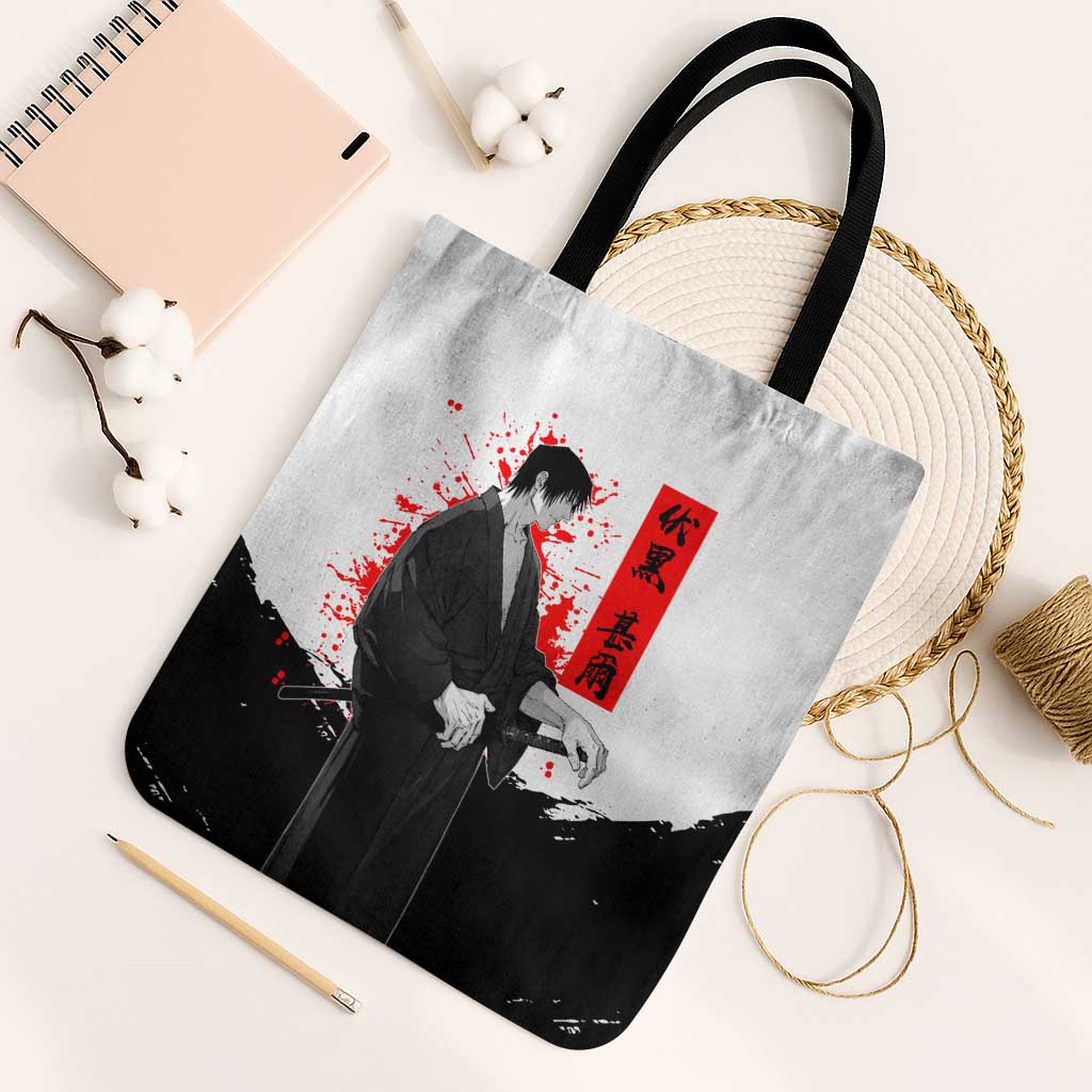 Toji Fushiguro Jujutsu Kaisen Samurai Theme Tote Bag with Katana, Red Kanji and Oni Mask Artwork - The Mazicc