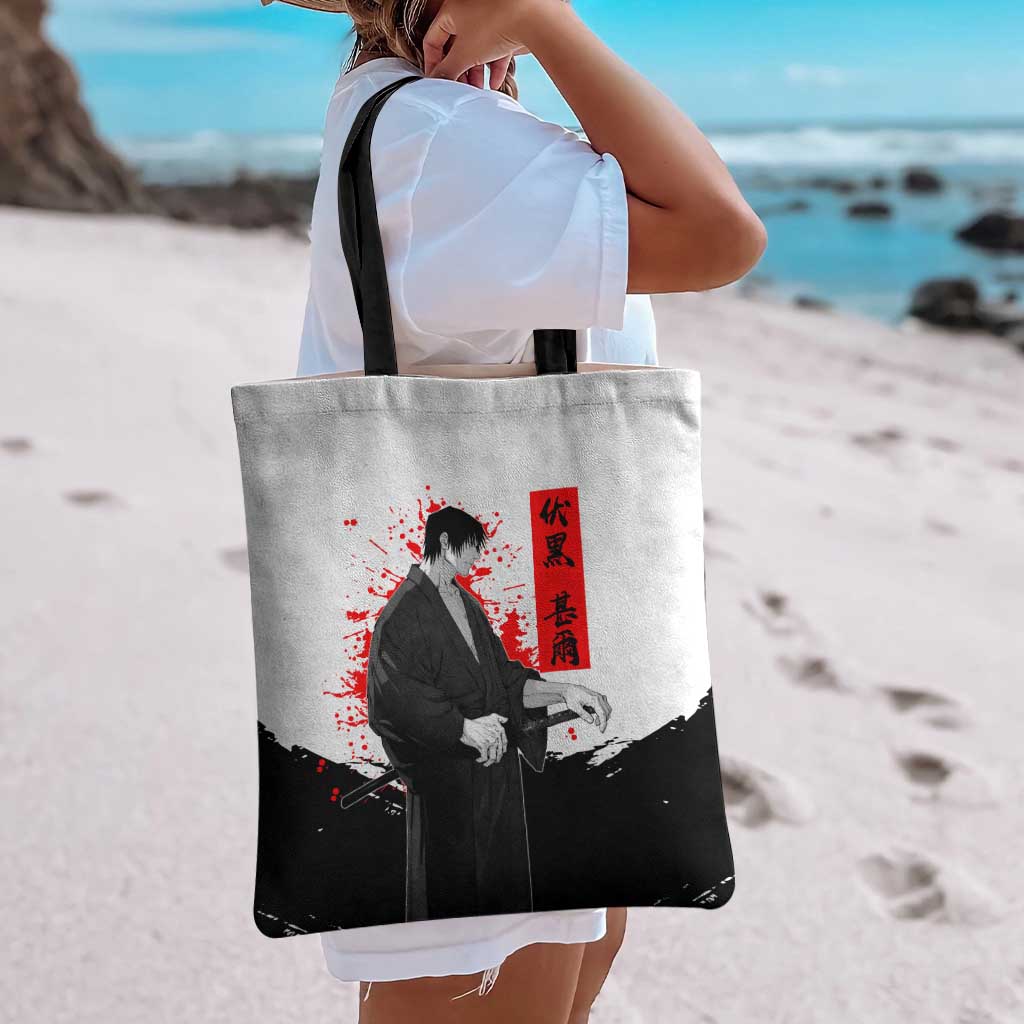 Toji Fushiguro Jujutsu Kaisen Samurai Theme Tote Bag with Katana, Red Kanji and Oni Mask Artwork - The Mazicc