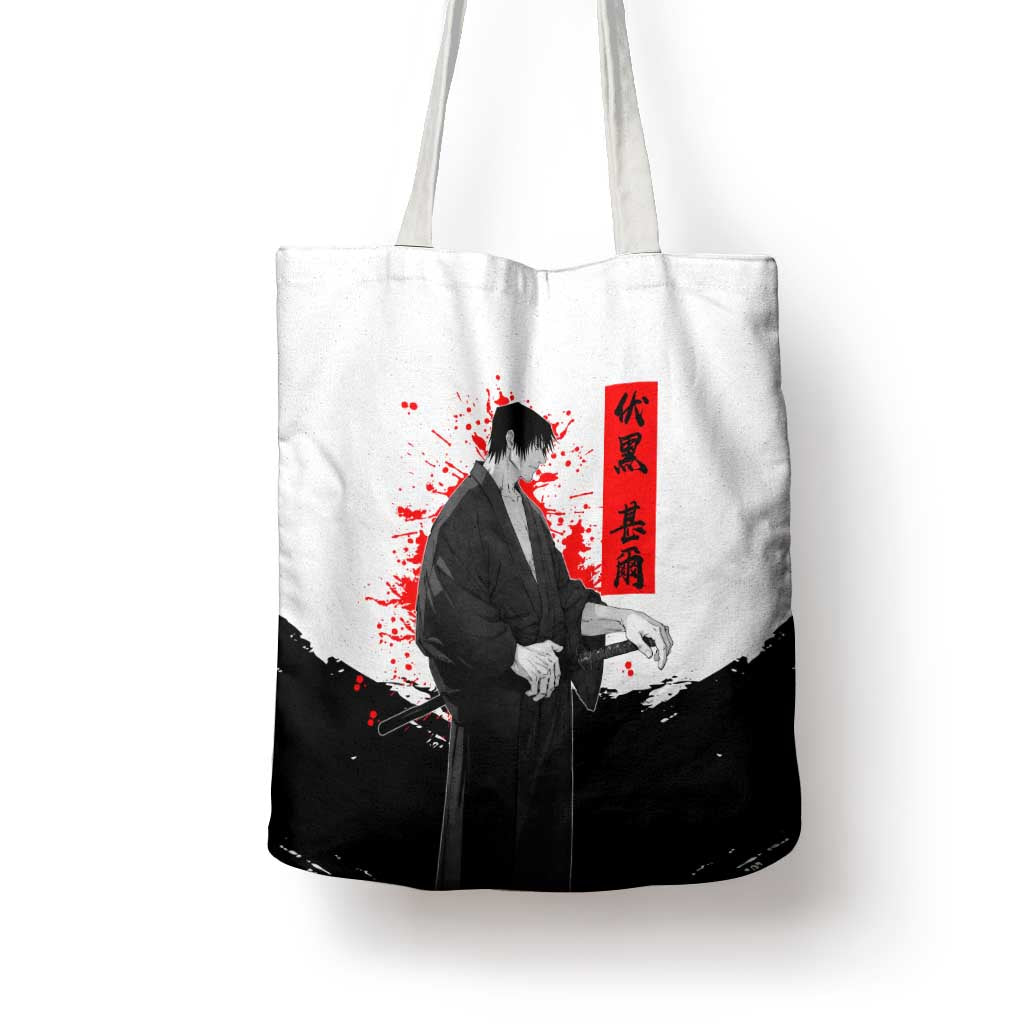 Toji Fushiguro Jujutsu Kaisen Samurai Theme Tote Bag with Katana, Red Kanji and Oni Mask Artwork - The Mazicc