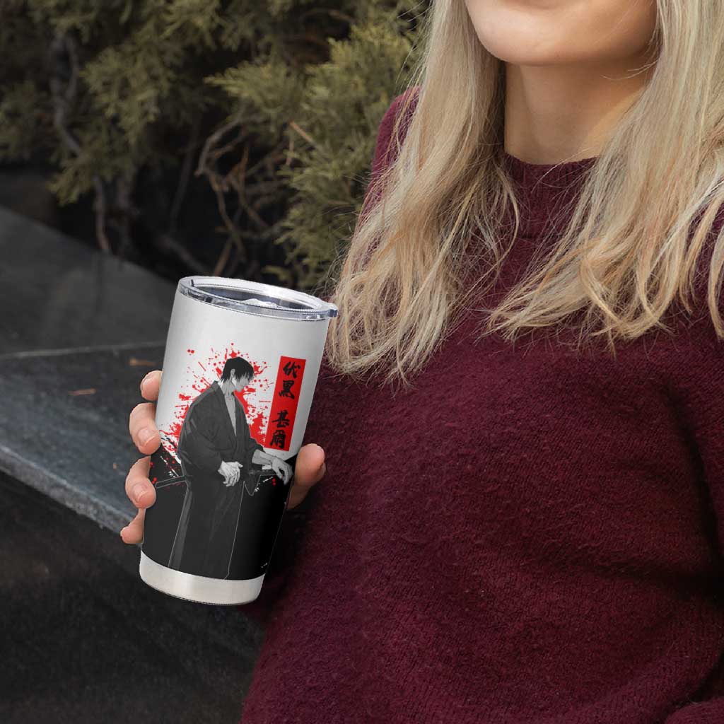 Toji Fushiguro Jujutsu Kaisen Samurai Theme Tumbler Cup with Katana, Red Kanji and Oni Mask Artwork - The Mazicc