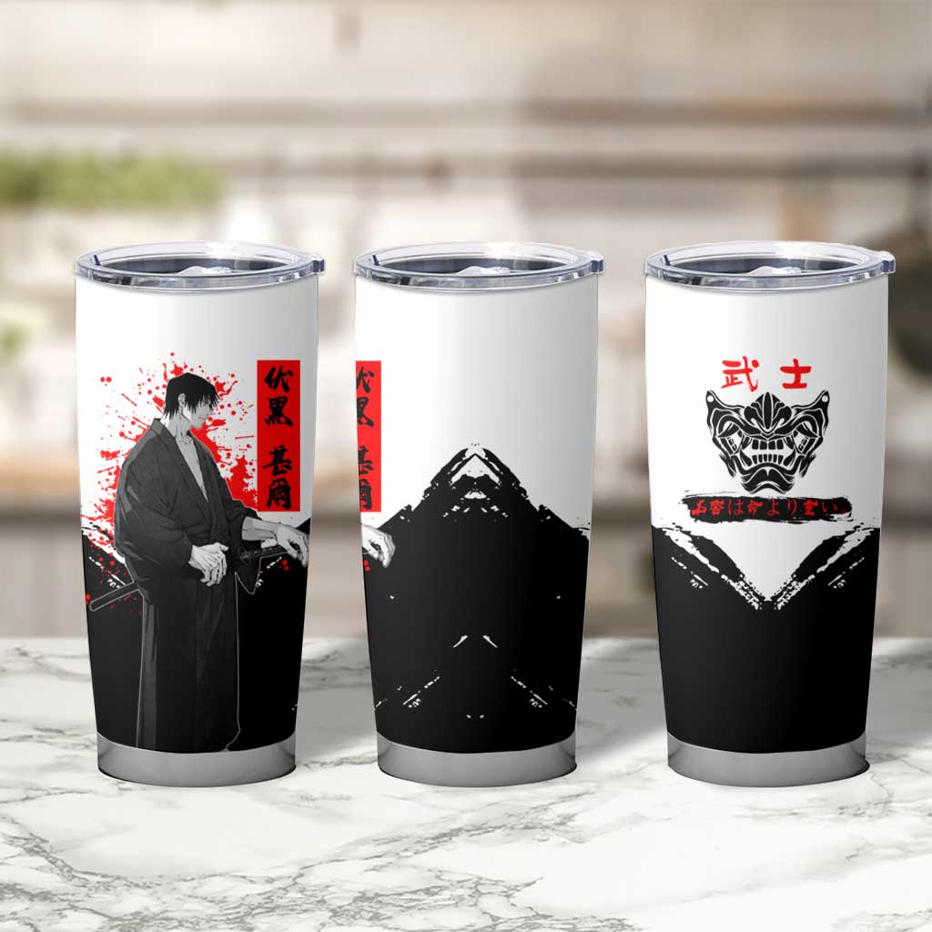 Toji Fushiguro Jujutsu Kaisen Samurai Theme Tumbler Cup with Katana, Red Kanji and Oni Mask Artwork - The Mazicc